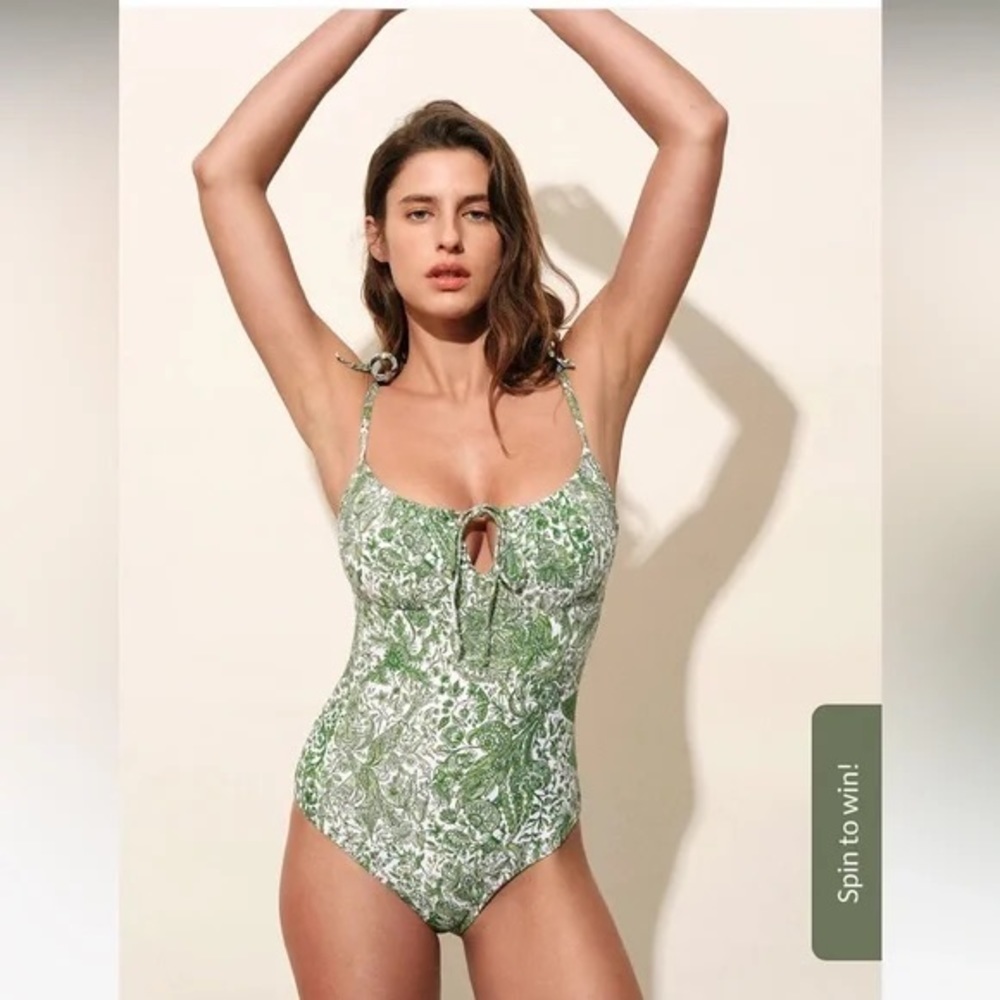 Berlook Retro Floral Drawstring Ruched One-Piece Swimsuit Womens XS Green